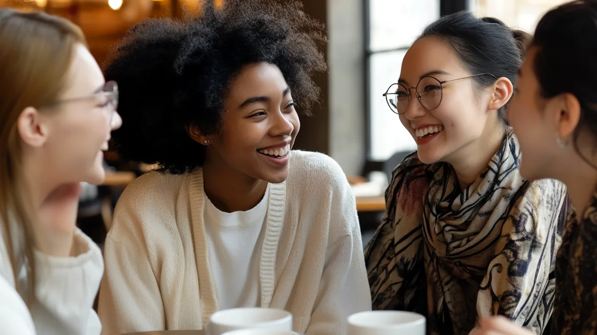 A small group of friends leaning in and talking around a wooden table.