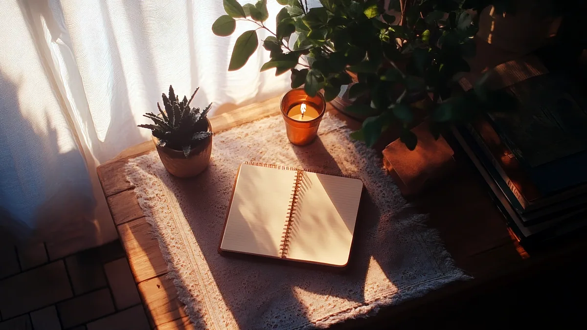 An open notebook resting on a wooden table, bathed in warm late-afternoon light.