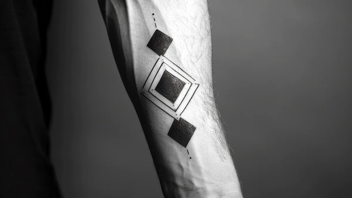 A fresh black ink tattoo of a mountain range on a forearm, skin glowing softly.