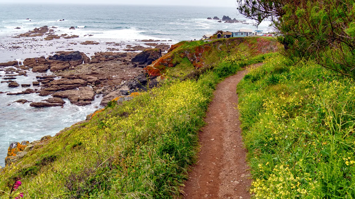 A coastal path winding along a rocky shore under a vast open sky.