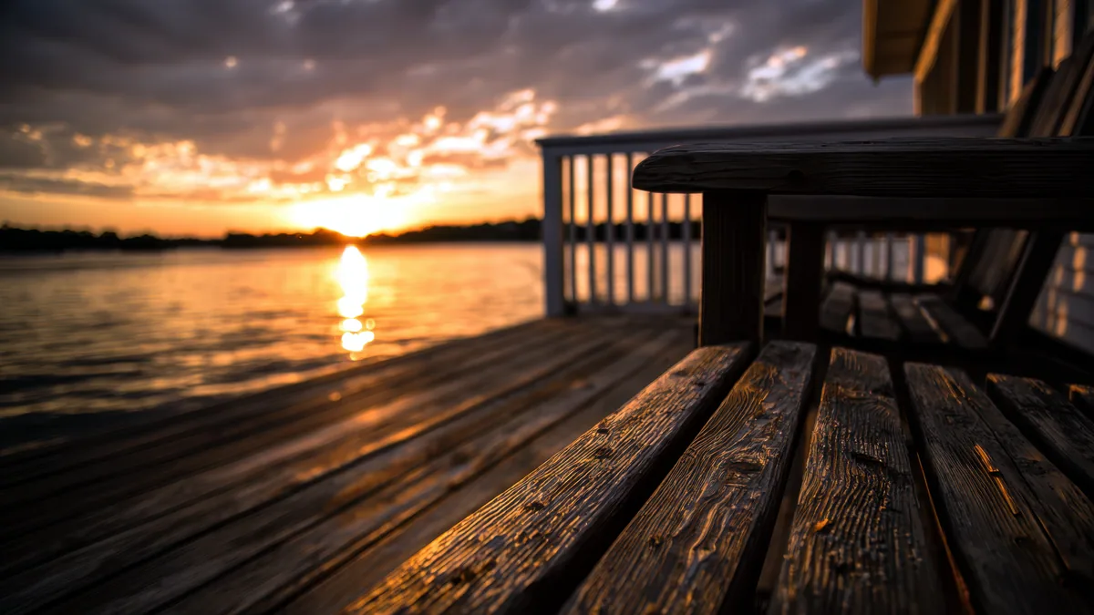 A wooden deck overlooking calm water in the hush of early morning light.