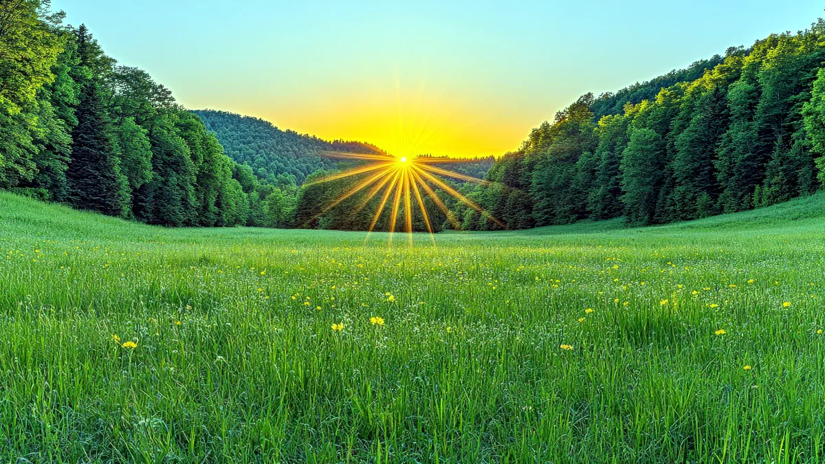 A golden sunrise breaking over a wide green meadow, the sky turning soft pink and orange.
